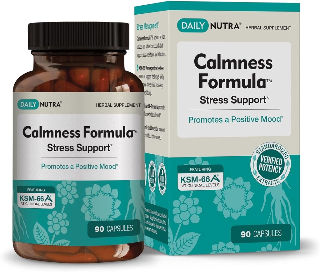 DailyNutra Calmness Formula - Stress Relief Supplement - Promotes a Natural Calm Mood | Featuring Clinically Studied KSM-66 Ashwagandha (90 Capsules)