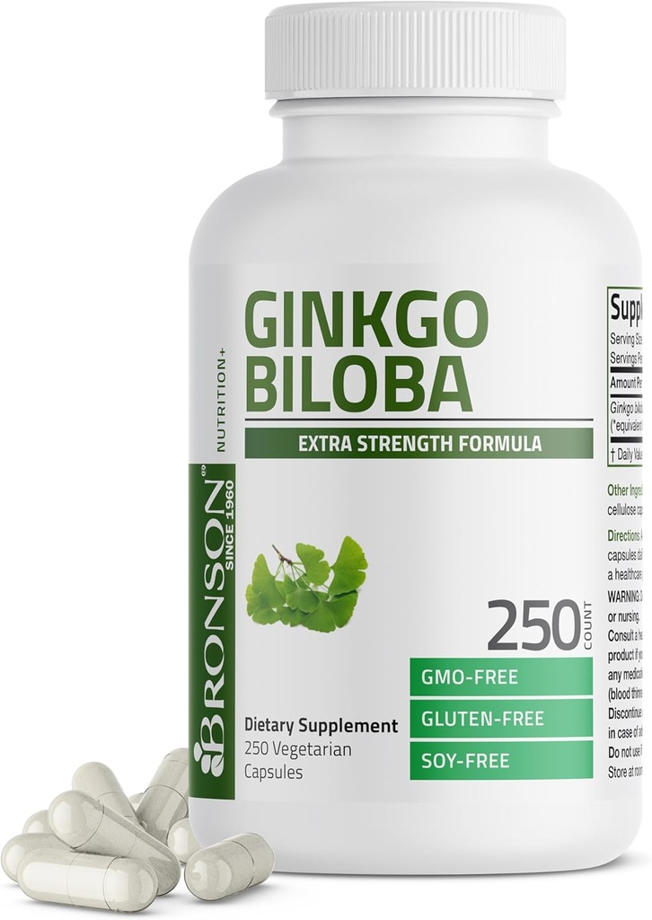 Bronson Ginkgo Biloba Extra Strength Supports Brain Function & Memory Support, 250 Vegetarian Capsules