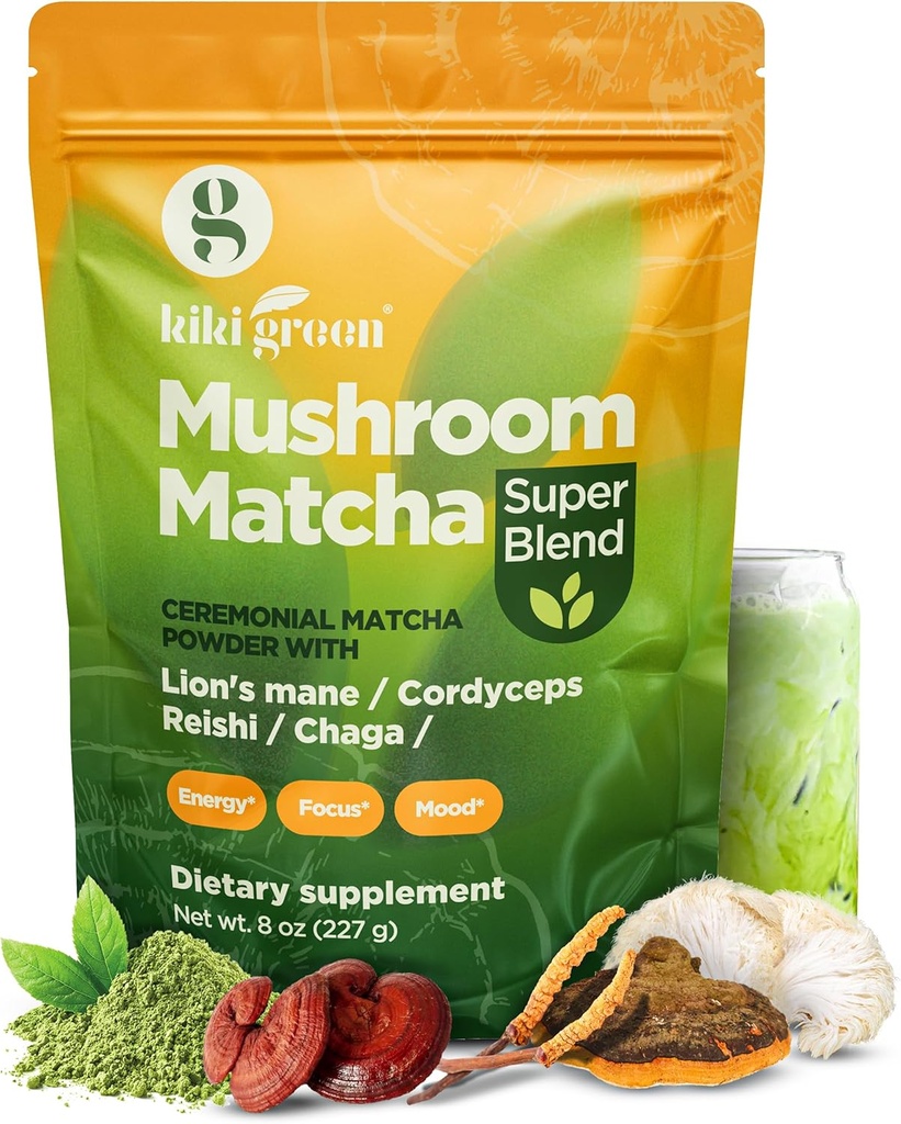 KIKI Green Mushroom Matcha Super Blend - Matcha Powder with Lion's Mane, Chaga, Reishi, Cordyceps - Mushroom Coffee Alternative for Energy, Focus, Immunity - 8 oz, 40 Servings