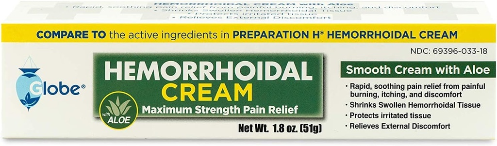Globe Hemorrhoidal Cream, Phenylephrine HCl, Pramoxine with Aloe, Relief from Burning, Itching and Discomfort of Hemorrhoids, 1.8 Ounces