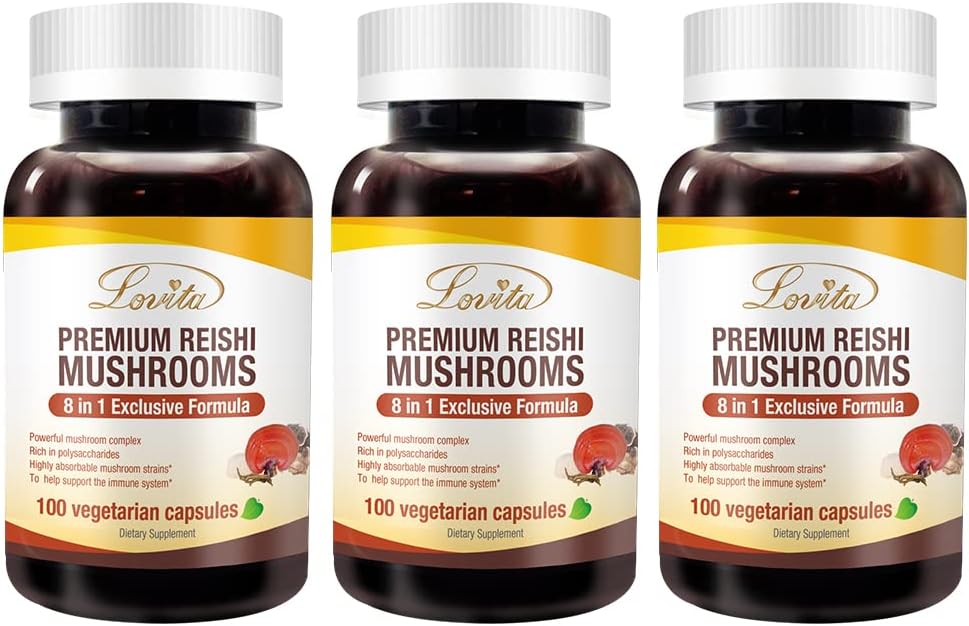 LOVITA Mushroom Supplement, 8 in 1 Mushroom Complex, Lion’s Mane, Cordyceps CS-4, Reishi Spores, Turkey Tail, Maitake, Natural Energy, Memory Support & Immune Support. 100 Vegan Capsules (Pack of 3)