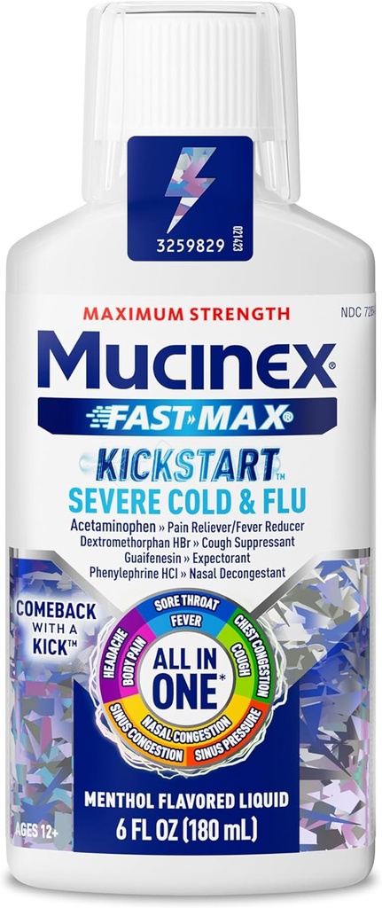 Mucinex Fast-Max Kickstart Severe Cold and Flu Medicine for Adults, Liquid Cold Medicine & Cough Medicine for Adults, Generic Expectorant Guaifenesin & Cough Suppressant Dextromethorphan, 6 Fl Oz