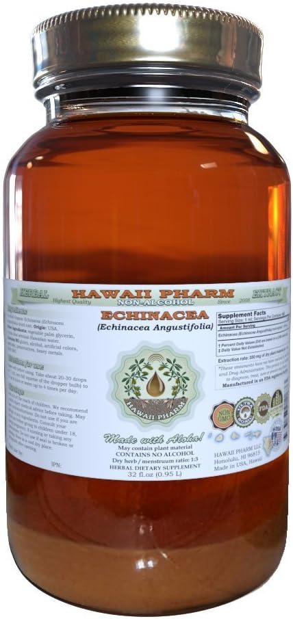Echinacea Alcohol-Free Liquid Extract, Echinacea (Echinacea Angustifolia) Dried Root Glycerite Hawaii Pharm Natural Herbal Supplement 32 oz Unfiltered