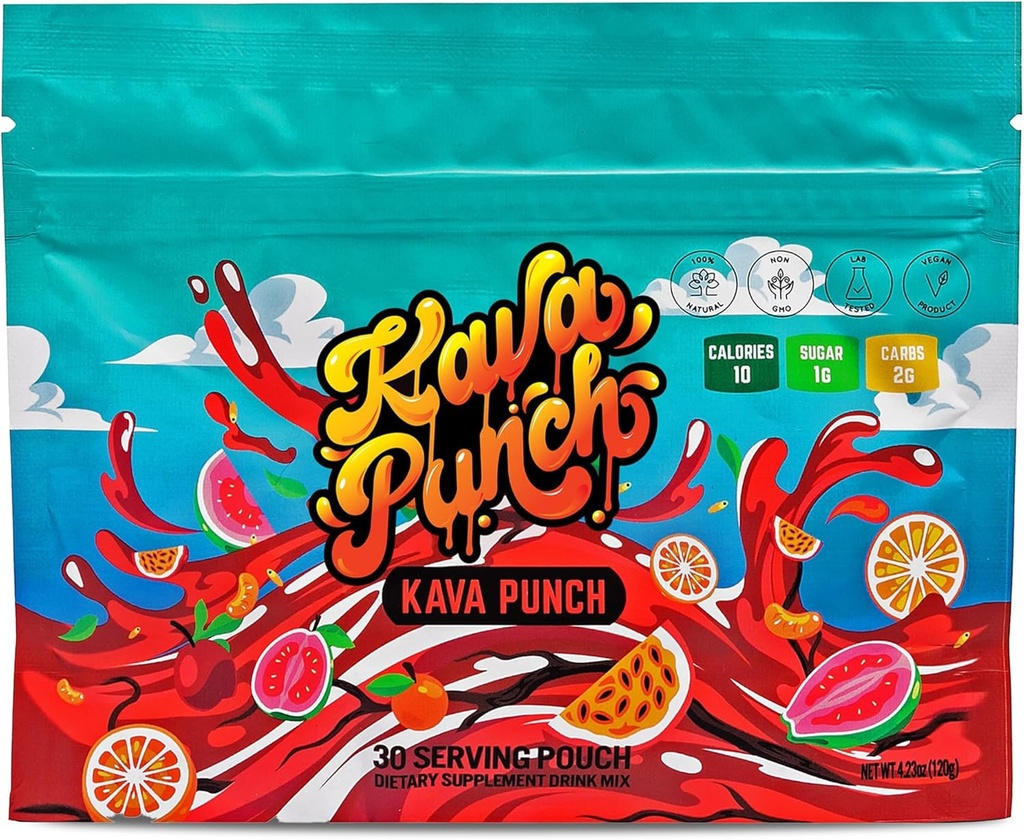 Kava Punch Relaxation Powder – 30 Serving Pouch with Premium Kava Kava Extract | Daily Stress Relief Supplement | Non-Alcoholic, Low-Calorie, Healthy Drink Mix | Alcohol Alternative Beverage with Buzz