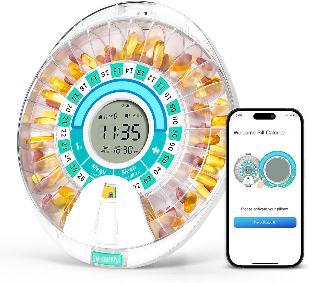 Betife Smart Automatic Pill Dispenser, 28 Compartments Electronic Pill Organizer for any dosage with Light/Sound Alarm, Bluetooth Medication Organizer, Locked Pill Box for Prescriptions and Supplement