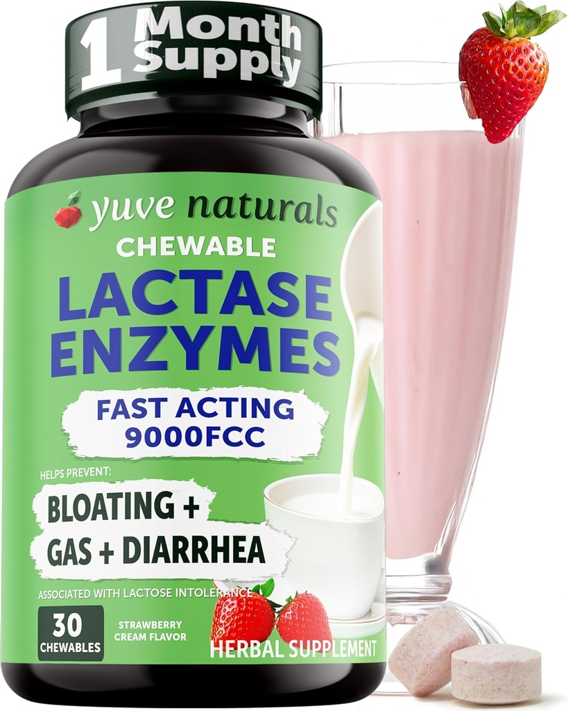 Yuve Natural Fast Acting Dairy Relief Delicious Chewables - Lactase Enzyme 9000 FCC - Say Goodbye to Dairy Discomfort from Lactose Intolerance - Strawberry Cream Flavor - 30ct