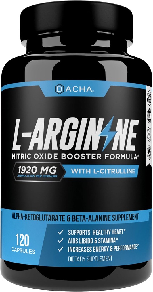 DACHA Premium L Arginine Pills 1920 MG - 120 VCAPS AAKG Nitric Oxide Precursor, L-Citrulline HCL, Beta Alanine, Essential Amino Acids for Energy, Muscle Growth, Heart Health, Vascularity & Stamina