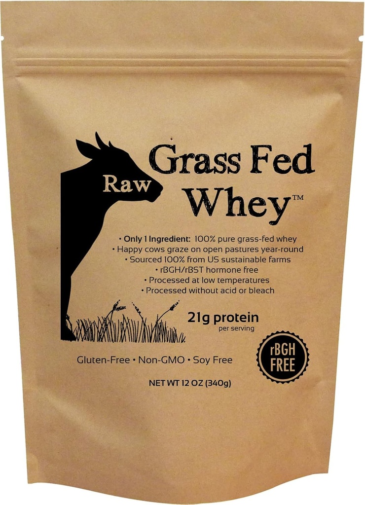 Raw Grass Fed Whey Protein Powder – Unflavored, Only 1 Ingredient: 100% Pure Grass-Fed Whey from Happy, Healthy Cows – Undenatured, Non-GMO, Hormone-Free, Gluten-Free, Made in USA, 12 OZ