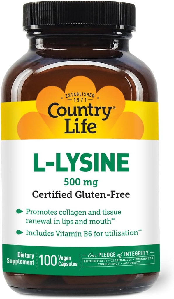 Country Life L-Lysine 500mg with B-6, Supports Immune Health, Promotes Collagen Renewal in Lips and Mouth, 100 Vegan Capsules, Certified Gluten Free, Certified Vegan