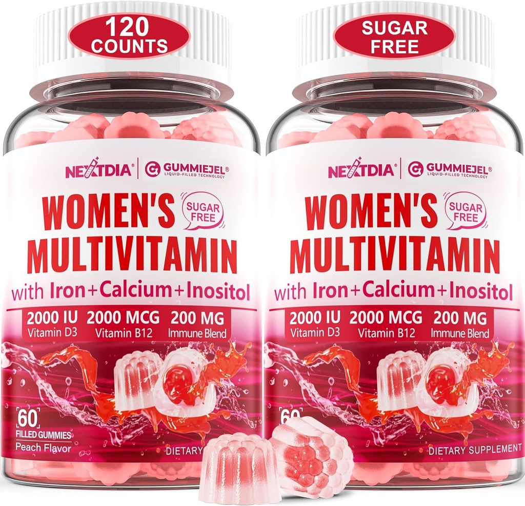 (2 Pack) Sugar Free Methylated Multivitamin for Women Gummies with Calcium, D3 K2, Inositol, Folate, Biotin, Iron, Vitamin A, C, E, B Complex - Multi Vitamins & Minerals - Energy, Immune, Bone - Vegan