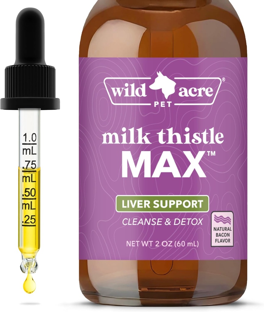 Wild Acre Milk Thistle for Dogs - Max Strength Liver Support, Cleanse & Detox - Natural Bacon Flavor - Simply Add to Food - Picky Pup Approved, 2 oz (60mL)