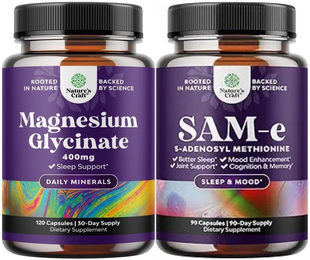 Bundle of Pure Magnesium Glycinate Supplement 400mg Per Serving for Mood Sleep and Relaxation Support and Pure SAM E Supplement 150mg - Nootropic Same 150mg Per Serving for Memory & Brain Support