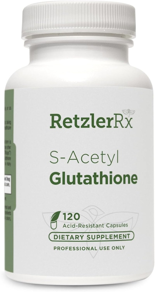 RetzlerRx S-Acetyl Glutathione Supplement 100 mg. per Capsule, Made in USA - 120 Acid-Resistant Capsules - Antioxidant Support - Non-GMO, Soy & Gluten-Free / Bergaflow®, Pharmaceutical Grade
