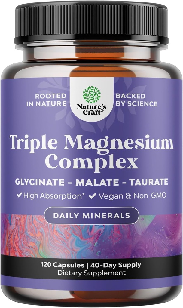 Triple Magnesium Complex Supplement - High Absorption Magnesium Glycinate, Malate & Taurate Blend for Muscles, Energy Support & Heart Health - Triple Mg Complex 400 mg Capsules - 120 Count