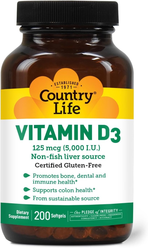 Country Life Vitamin D3 5000 IU for Immune and Bone Health, Calcium Absorption, and Colon Health - Sustainable Source from Lanolin, Available in Various Strengths