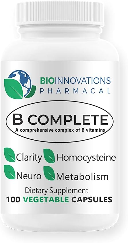B Complete with Folate, All Vitamins B1, B2, B3, B5, B6, B7, B9, B12, and Choline Bitartrate for Energy, Brain Clarity, Neuro, Metabolism 100 Vegan Capsules