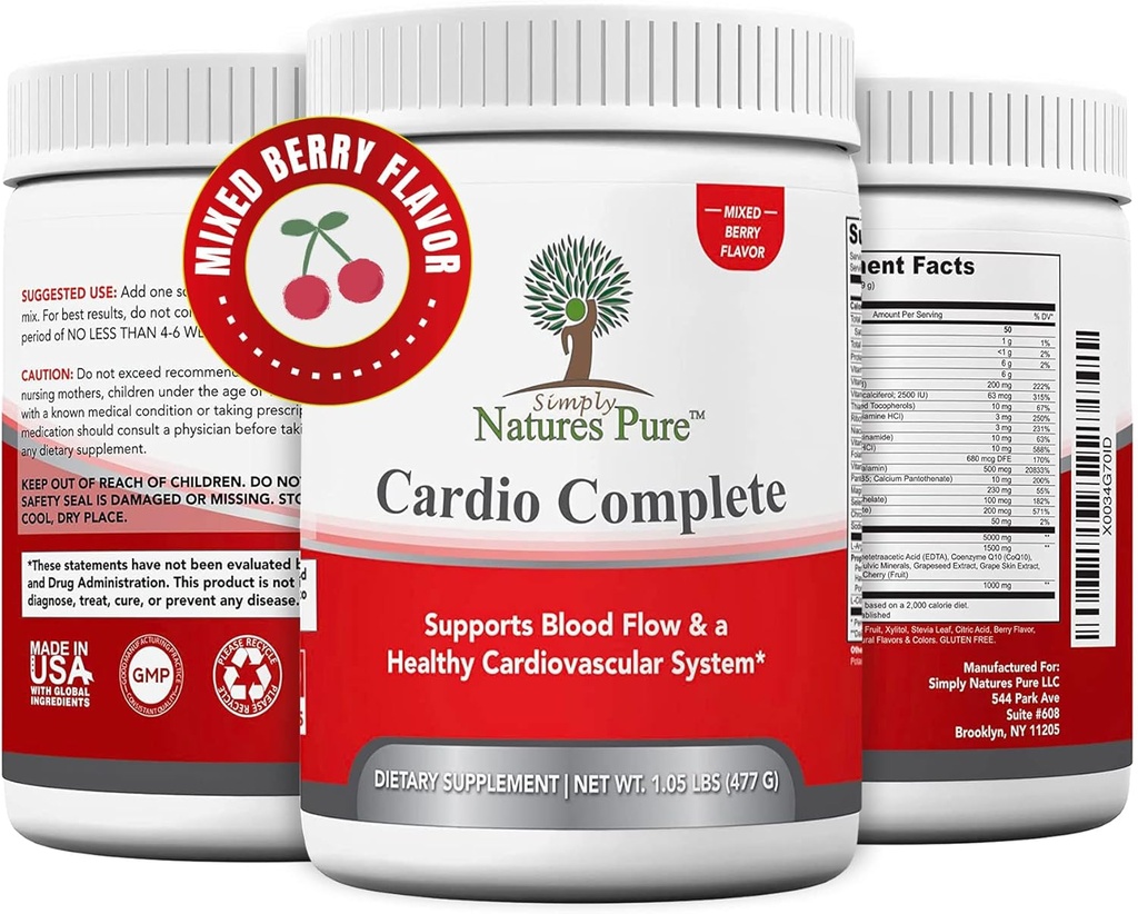 Simply Natures Pure Cardio Complete with 5,000 L-Arginine, 1,000mg L-Citrulline, and Hawthorn Berry - Heart Health & Cardiovascular Support Powder Supplement and 3-in-1 Nitric Oxide Booster