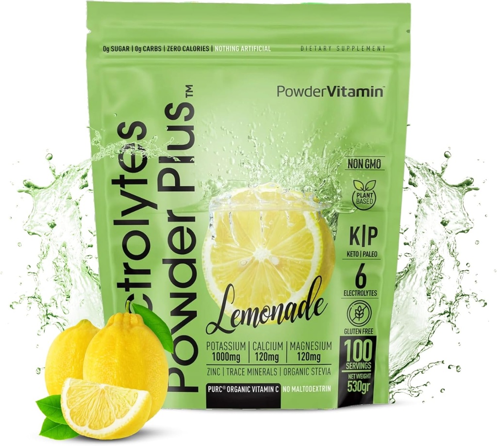 PowderVitamin Electrolytes Powder Plus Keto, Lemonade (100 Servings) 0 Sugar, No Maltodextrin,1000mg Potassium,120mg Calcium,120mg Magnesium,Organic Vitamin C,Zero Calories, Energy Hydration Powder