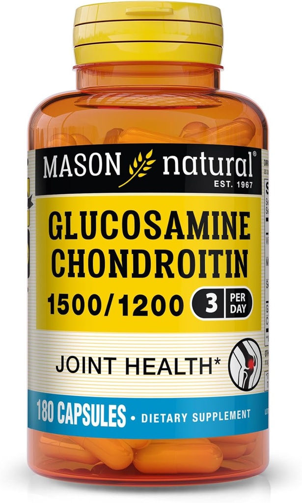 Mason Natural Glucosamine Chondroitin 1500/1200 3 Per Day with Vitamin C, Supports Joint Health, Improved Flexibility and Mobility, 180 Capsules