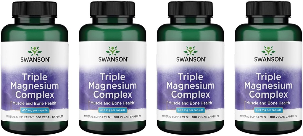 Swanson Triple Magnesium Complex - Mineral Supplement - Natural Support - Featuring Citrate, Oxide & Aspartate - (100 Capsules, 400mg Each, 4 Pack)