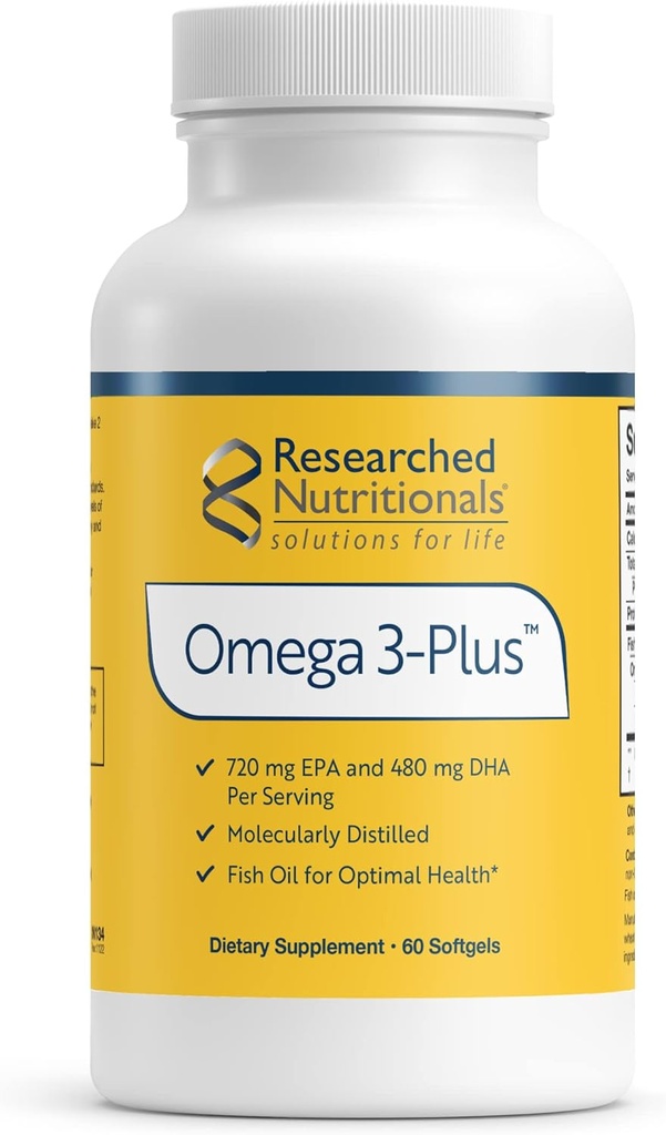 Researched Nutritionals Omega-3 Plus Fish Oil - EPA DHA Omega 3 Supplement to Support Cardiovascular & Brain Health - Molecularly Distilled for Purity & Safety (60 Softgels)