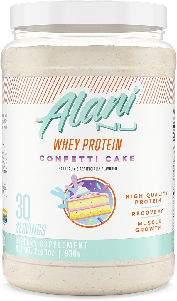 Alani Nu Whey Protein Powder Confetti Cake | 23g Protein with Low Sugar & Digestive Enzymes | Meal Replacement Powder | Low Fat Low Carb Whey Isolate Protein Blend | 30 Servings