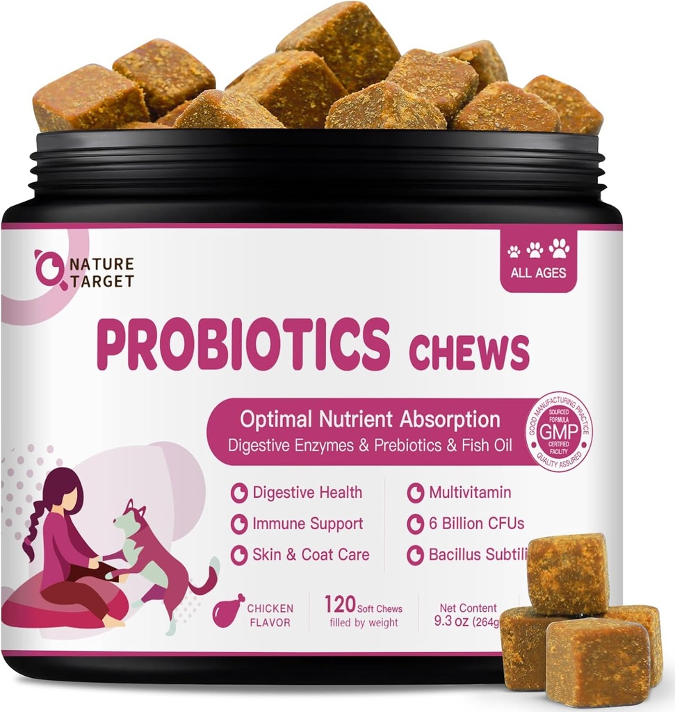 NATURE TARGET Probiotics for Dogs & Digestive Enzymes for Digestive Health - Plus Fish Oil & Vitamins Supplement for Allergies & Immune & Itchy Skin, 120 Chicken Flavor Probiotic Soft Chews