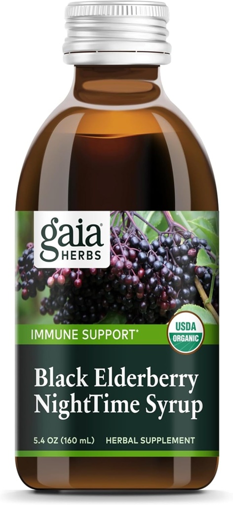 Gaia Herbs Black Elderberry, NightTime Syrup - Immune Support Supplement - With Organic Black Elderberries, California Poppy & Lemon Balm for Restful Sleep & Immune Defense - 5.4 Fl Oz (32-Day Supply)