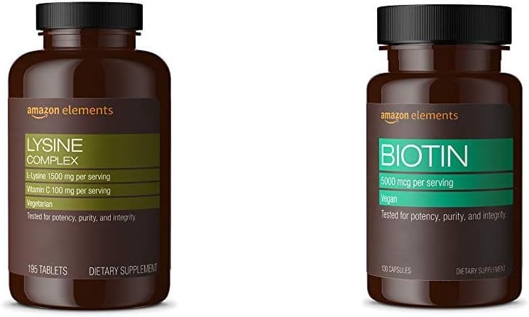 Amazon Elements Lysine Complex with Vitamin C (1500 mg L-Lysine with 100 mg Vitamin C per Serving - 3 Tablets), Supports Immune Health, Vegetarian, 195 Count (Packaging may vary) and Amazon Elements Vegan Biotin 5000 mcg - Hair, Skin, Nails, 130 Capsules (4 month supply) (Packaging may vary)