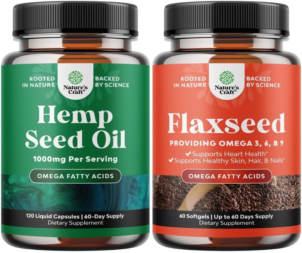 Bundle of Natural Hemp Seed Oil Capsules and Omega Flaxseed Oil 1000mg Softgels - with Essential Fatty Acids for Joint Support - Natural Omega 3 6 9 Supplement for Hair Skin and Nails