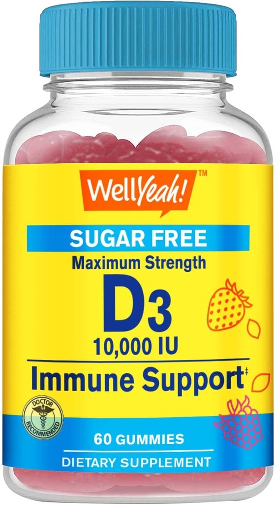 WellYeah Sugar Free Vitamin D3 10000 IU (250mcg) Extra Strength Gummies - Immune Booster, Bone and Teeth Support - Non GMO, Gluten Free, Nut Free, Vegetarian - Natural Sourced Flavors - 60 Gummies (1)