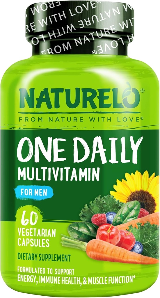 NATURELO Mens Multivitamins - One Daily Multivitamin for Men with Vitamins, Minerals & Organic Whole Foods, Boost Energy & Health, Non-GMO, 60 Vegetarian Capsules
