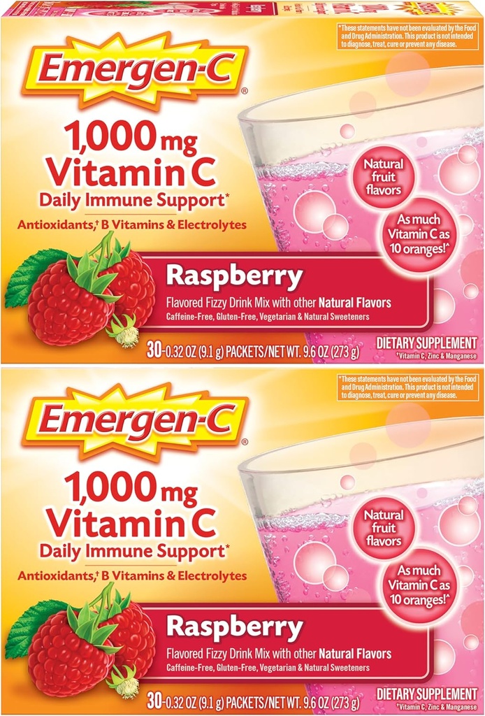 Emergen-C 1000mg Vitamin C Powder, with Antioxidants, B Vitamins and Electrolytes, Vitamin C Supplements for Immune Support, Caffeine Free Drink Mix, Raspberry Flavor - 60 Count/2 Month Supply