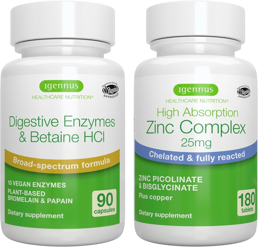 Advanced Digestive Enzymes & Betaine HCl + Zinc Complex 25mg Vegan Bundle, Digestive Aid with Chelated Zinc Picolinate & Bisglycinate, by Igennus