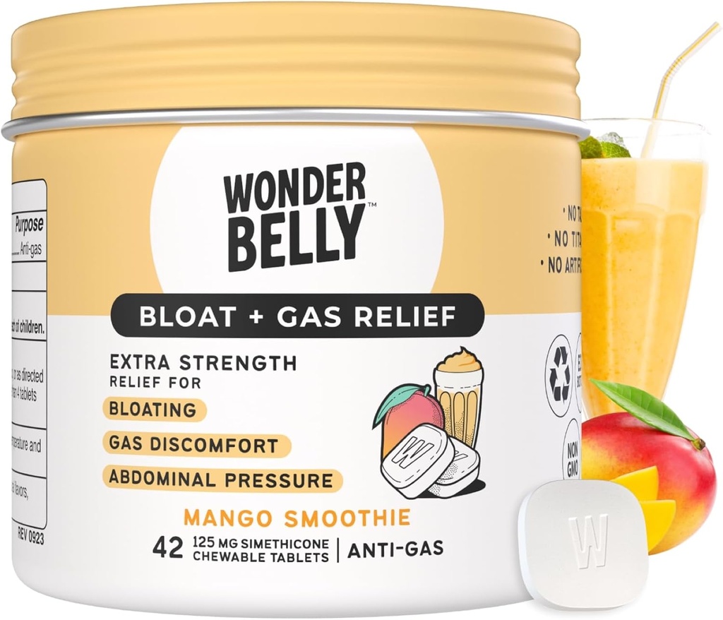 Wonderbelly Bloat + Gas Relief, Extra Strength Chewable Tablets, with 125 mg Simethicone, No Talc or Dye, Mango Smoothie, 42 Count