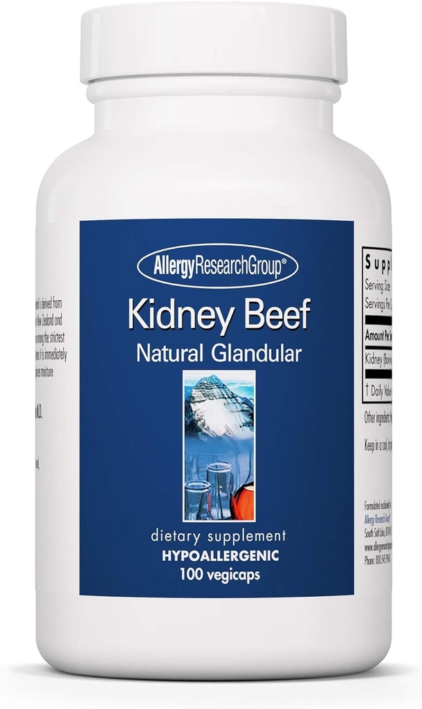 Allergy Research Group Kidney Beef Supplement - Natural Glandular, Freeze-Dried, Bovine, Lyophilized, Beef Organ, Vegetarian Capsules - 100 Count