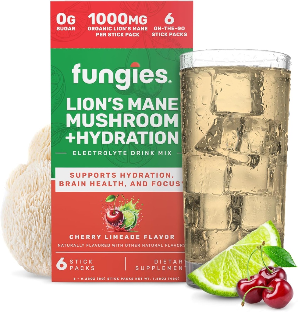 Fungies Electrolyte Drink Mix with Lion's Mane Mushroom, 6 Stick Packs (Cherry Limeade) - Sugar-Free Daily Hydration Supplement Powder for Adults - Herbal Supplement for Brain Health & Focus