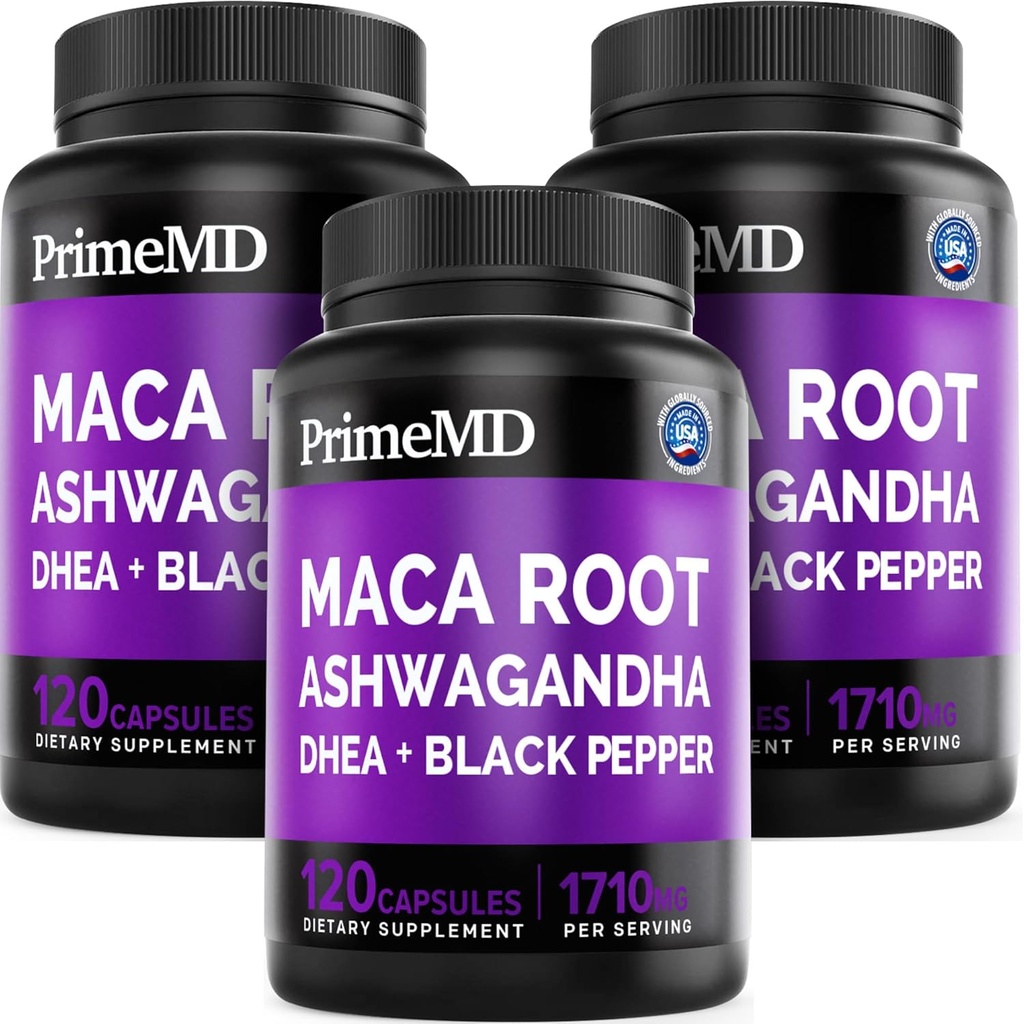 6-in-1 Organic Maca Root Ashwagandha Capsules 1710mg with DHEA and Black Pepper Fruit Extract for Women and Men - Black Maca Supplement for Stamina, Bone and Mood Support Supplement, 120ct (Pack of 3)