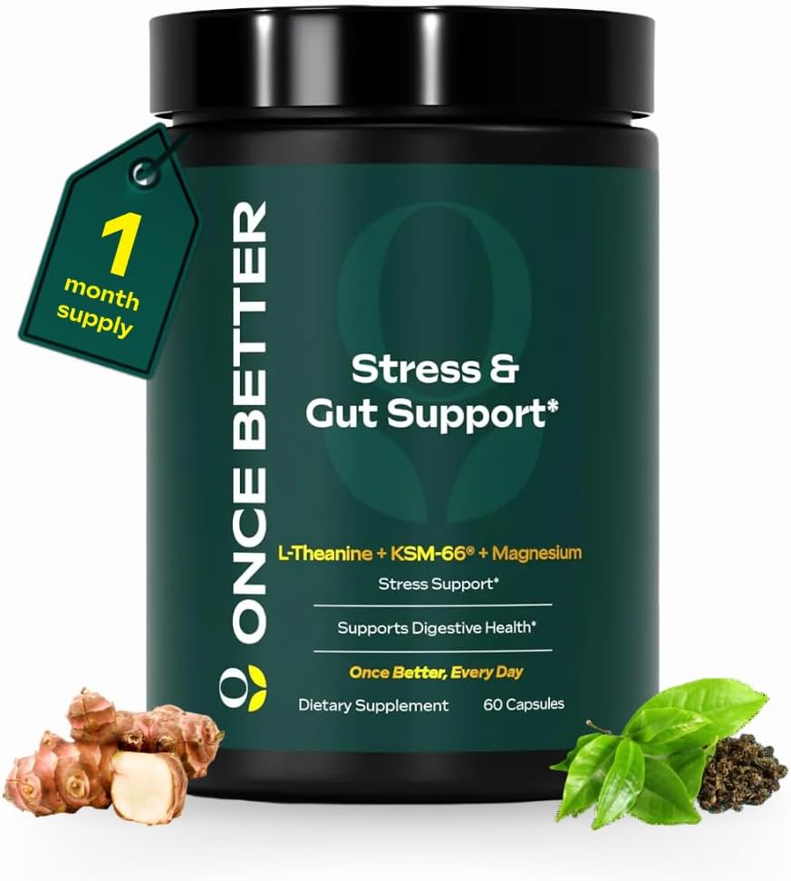 Once Better™️ Stress & Gut Support Supplement – Ashwagandha KSM-66®, L-Theanine, Magnesium Glycinate, Probiotics & Inulin for Digestive Health & Stress Relief – 60 Capsules - Men & Women