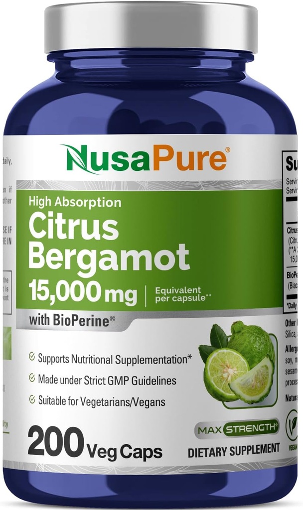 NusaPure Citrus Bergamot Capsules 15,000mg, 200 Capsules - 25:1 Bergamot Extract - 200 Servings, Bioperine, Vegan, Non-GMO