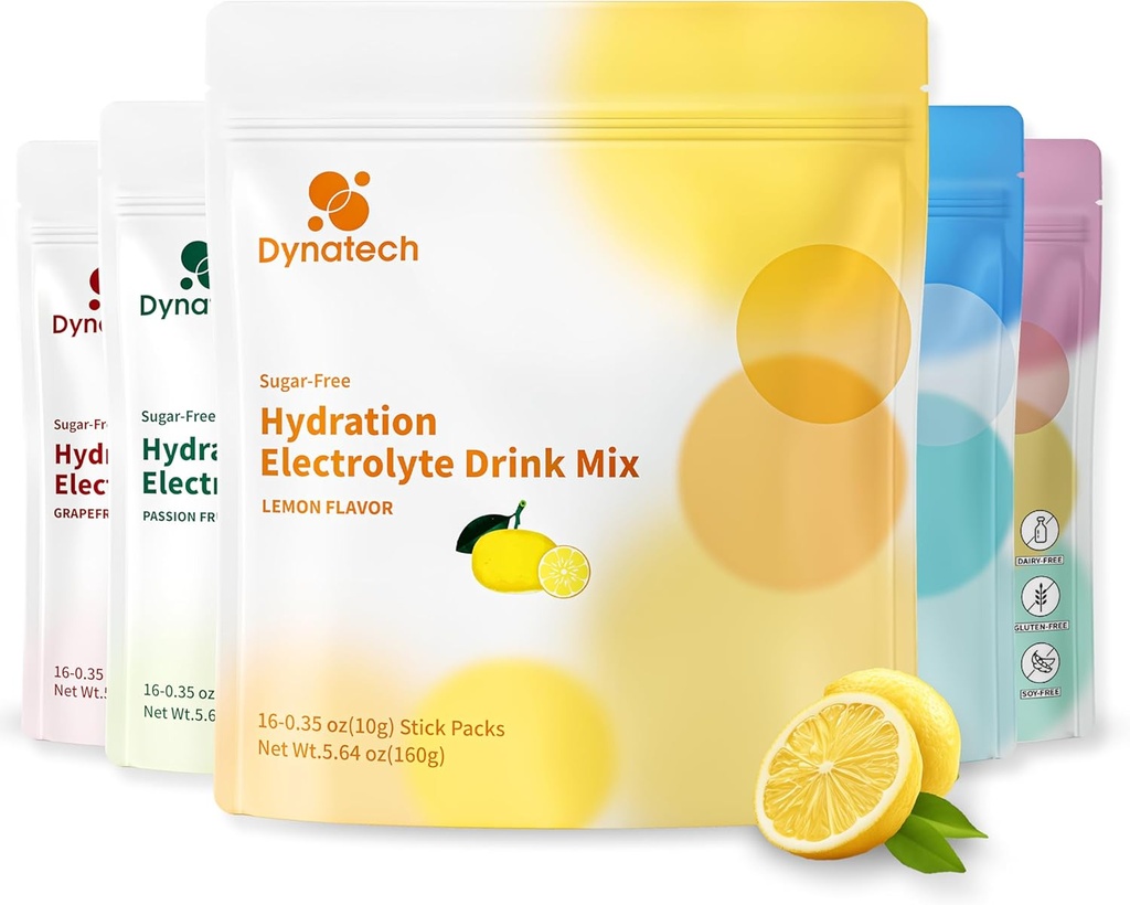 Dynatech Zero Sugar Electrolyte Drink Mix - Lemon - Hydration Powder Packets with 10 Electrolytes & Vitamins | Non-GMO, Gluten Free, Vegan Electrolytes Powder Packets | 16 Servings