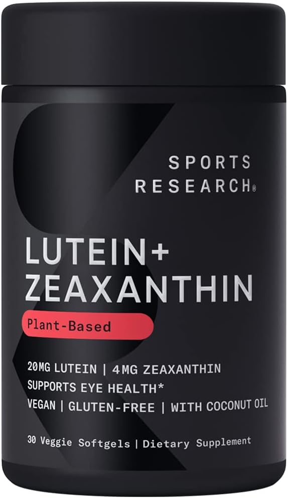 Sports Research® Vegan Lutein 20mg with Zeaxanthin & Organic Coconut Oil - Supports Vision & Eye Health - Vegan Certified · Non-GMO · Gluten Free (30 Softgels)