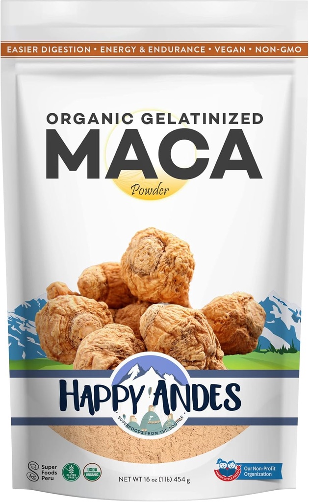 Happy Andes Organic Maca Powder Gelatinized - Premium Quality, Used to Increased Stamina & Energy, Gelatinized for Easy Digestion 16 oz, 1