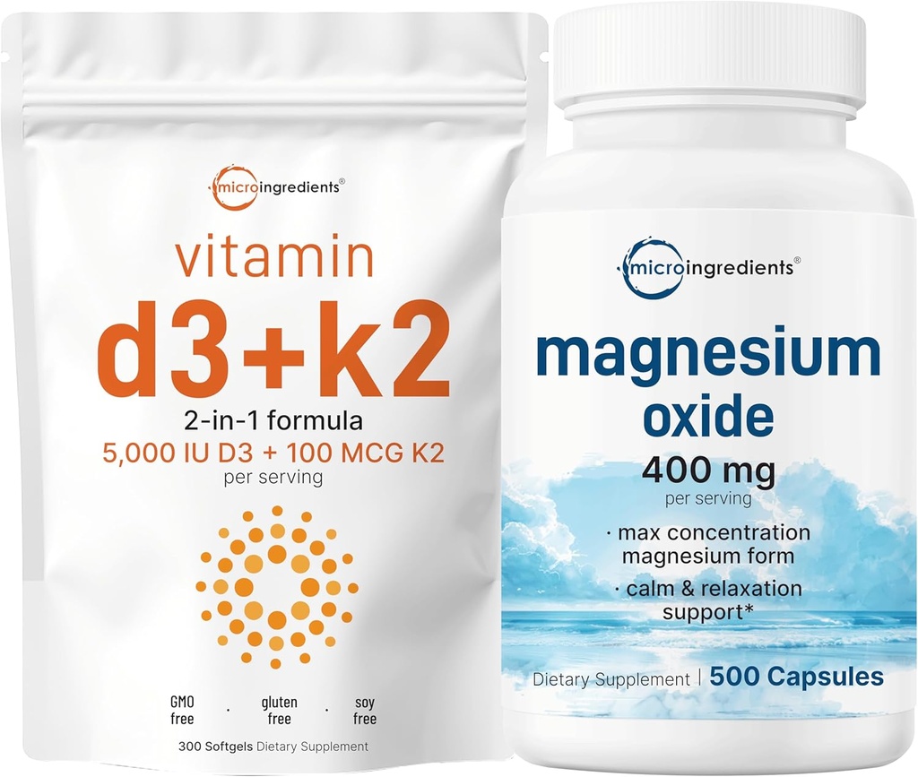Micro Ingredients Vitamin D3 5,000iu + K2 100mcg Softgels & Magnesium Oxide 400mg Bundle Pack | Essential Sunshine Vitamins | Elemental Form for Max Concentration