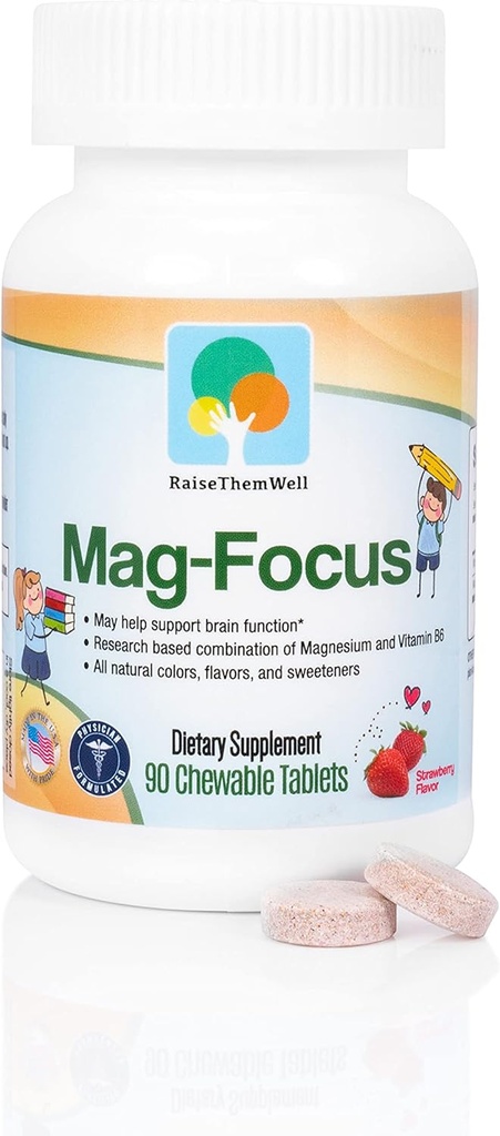 Raise Them Well Magnesium Focus Supplement for Kids | Natural Strawberry Flavored | 90 Chewable Tablets