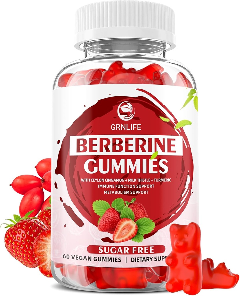 Berberine Gummies with Ceylon Cinnamon 1500mg High Potency Berberine HCL Supplement for Immune and Metabolism Support, Sugar Free, Strawberry Flavor - 60 Count