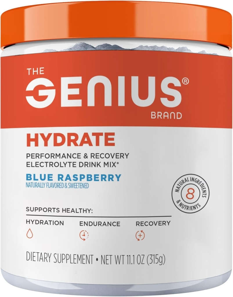 The Genius Brand Genius Hydrate - Electrolyte Supplement for Daily Hydration - Coconut Water - Sugar-Free - 8 Essential Minerals & Nutrients - Non-GMO - Blue Raspberry - 50 Servings