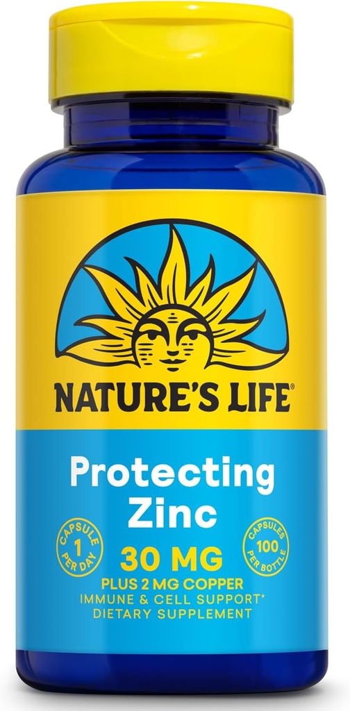 Nature's Life Zinc Picolinate 30mg Plus 2mg of Copper - Chelated Zinc Supplement for Immune, Cardiovascular, Skin, Cellular Function, and Muscle Support - 60-Day Guarantee - 100 Servings, 100 Capsules
