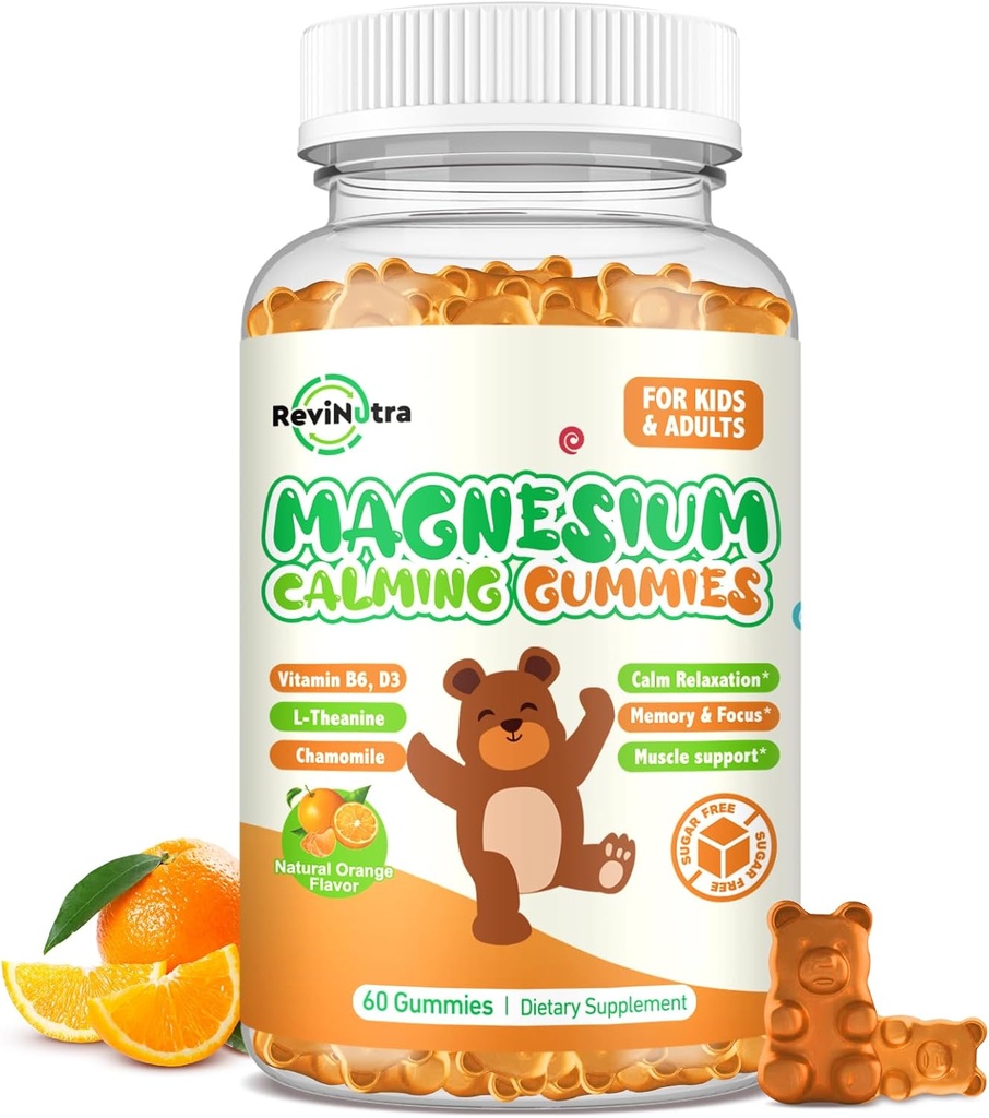 Magnesium Gummies for Kids - Magnesium Glycinate Gummies Supplement with L-Theanine, Vitamin B6, D3 for Adults & Kids, Calm Magnesium for Sleep, Relaxation, Brain, Bones, Sugar Free Orange 60ct