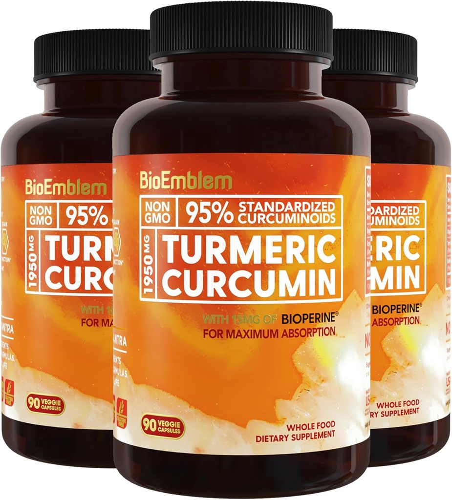 BioEmblem Turmeric Curcumin Supplement with BioPerine | Joint Support & Heart Health | with Organic Turmeric Powder & 95% Curcuminoids Extract | California Made, Non-GMO, 90-Day Supply